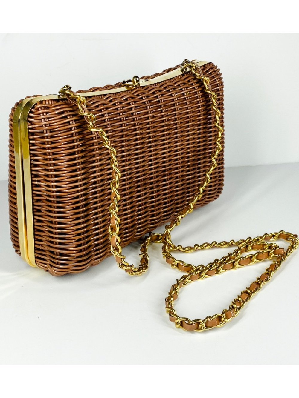 Vintage Wicker Handbag: Brown with Gold-Tone Accents and Chain Strap 70s 80s